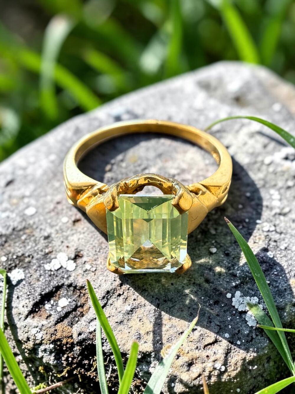 Vintage Gold Filled Pale Green Uranium Glass Emerald Cut Stone Statement Ring Sc